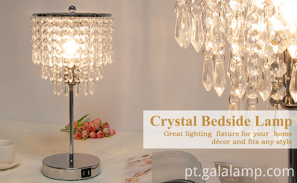 Luminária de mesa de cristal de controle de toque elegante com portas de carregamento USB